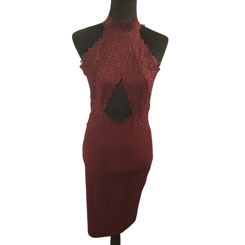 Windsor Womens Burgundy Lace Halter Cutout Midi Dress Sz Medium Selena Style NWT